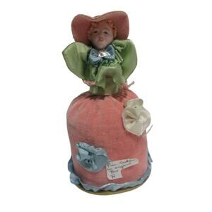 Vintage Blonde Porcelain Lady Ribbon Velvet Pin Cushion Ball Gown Flowers 5.5"T